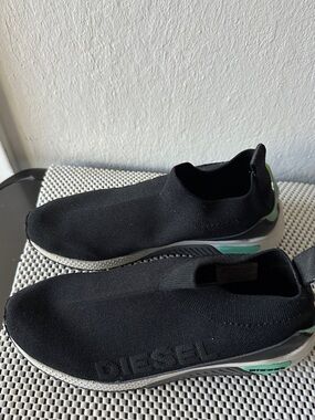 Diesel Black Knit Slip-On Sneakers with Green Accents